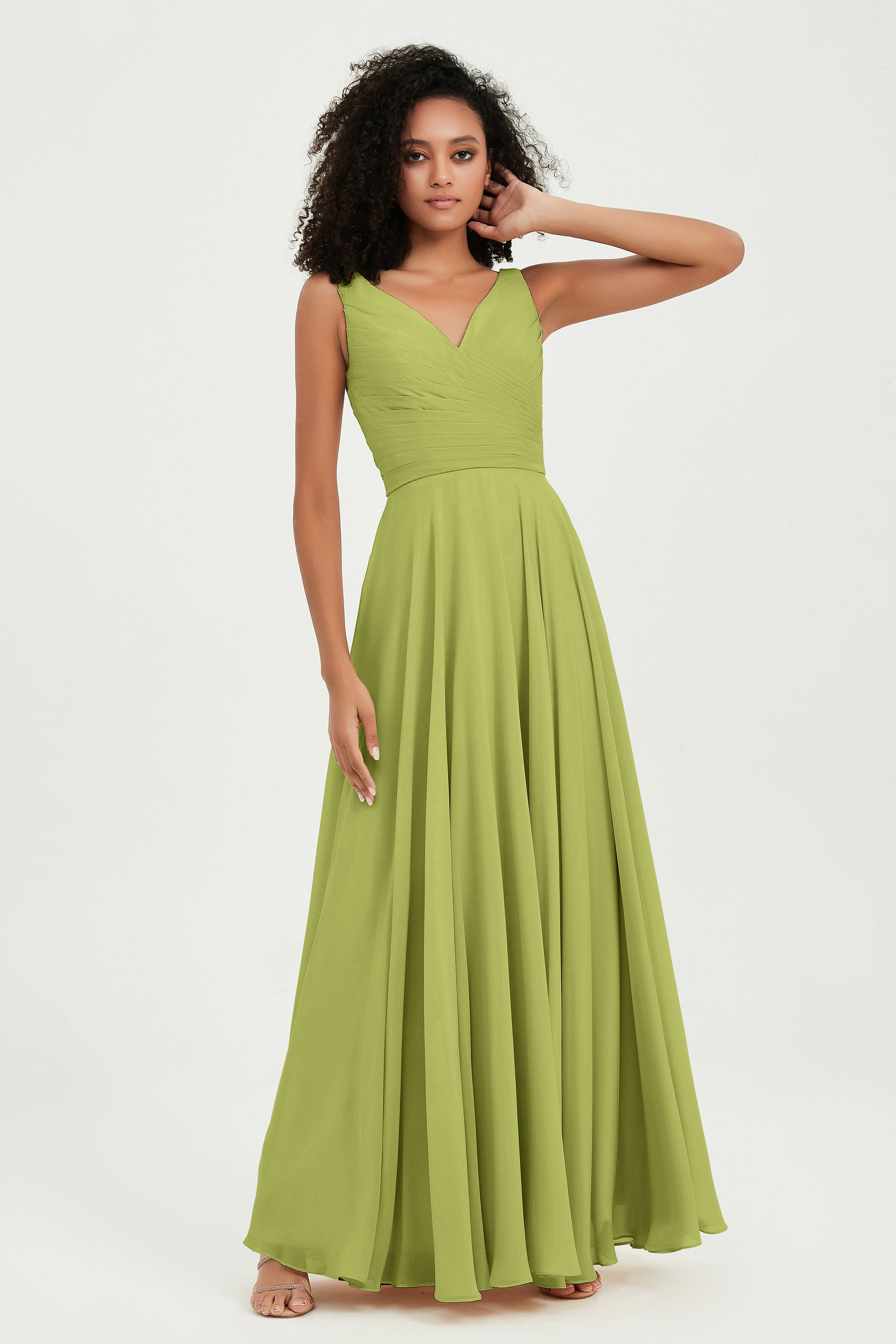 V Neck Chiffon Sleeveless Bridesmaid Dress Pleated Formal Evening Prom Dresses with Bow Sash