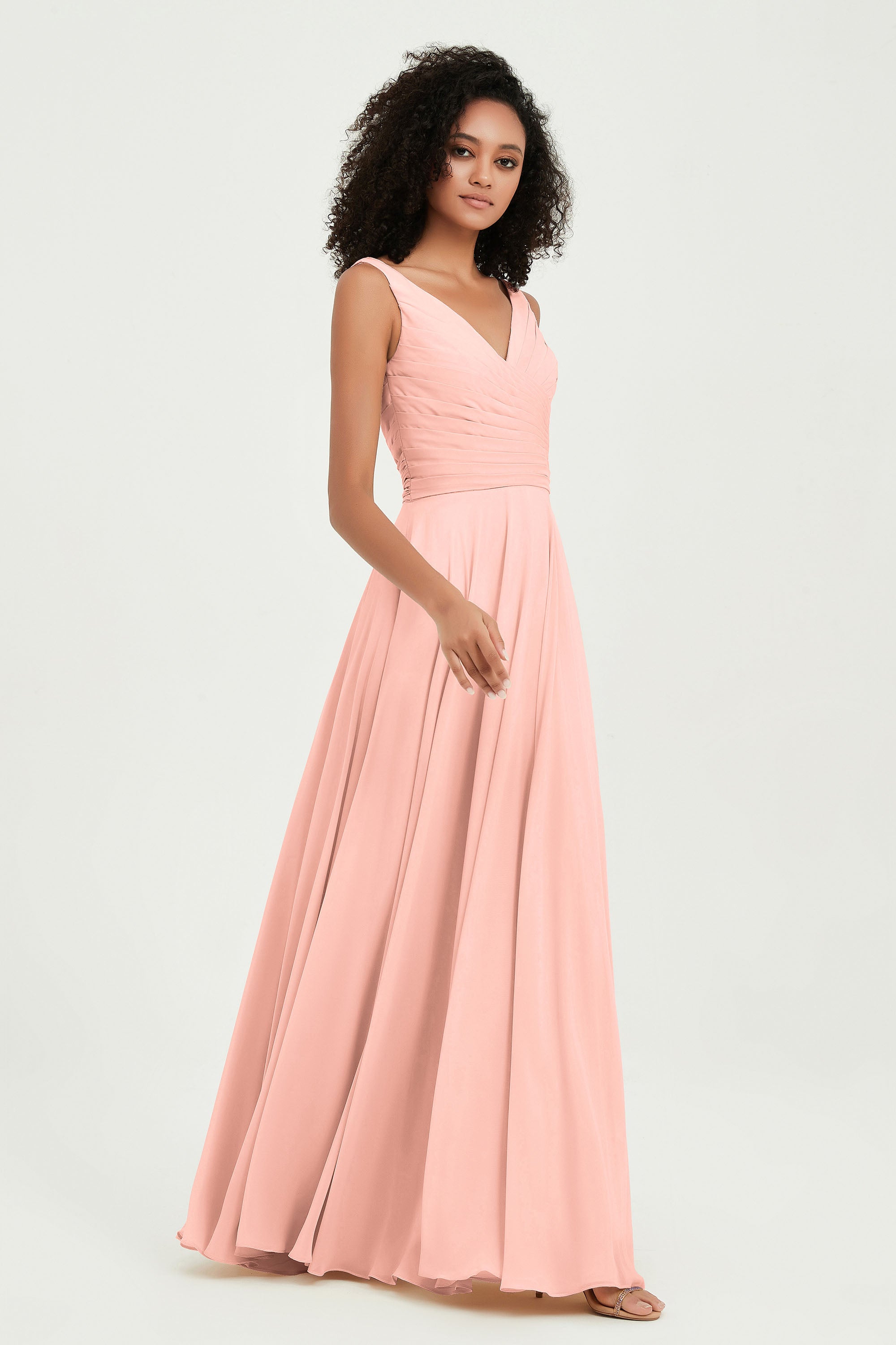 V Neck Chiffon Sleeveless Bridesmaid Dress Pleated Formal Evening Prom Dresses with Bow Sash
