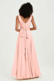 V Neck Chiffon Sleeveless Bridesmaid Dress Pleated Formal Evening Prom Dresses with Bow Sash