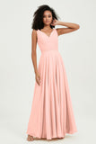 V Neck Chiffon Sleeveless Bridesmaid Dress Pleated Formal Evening Prom Dresses with Bow Sash