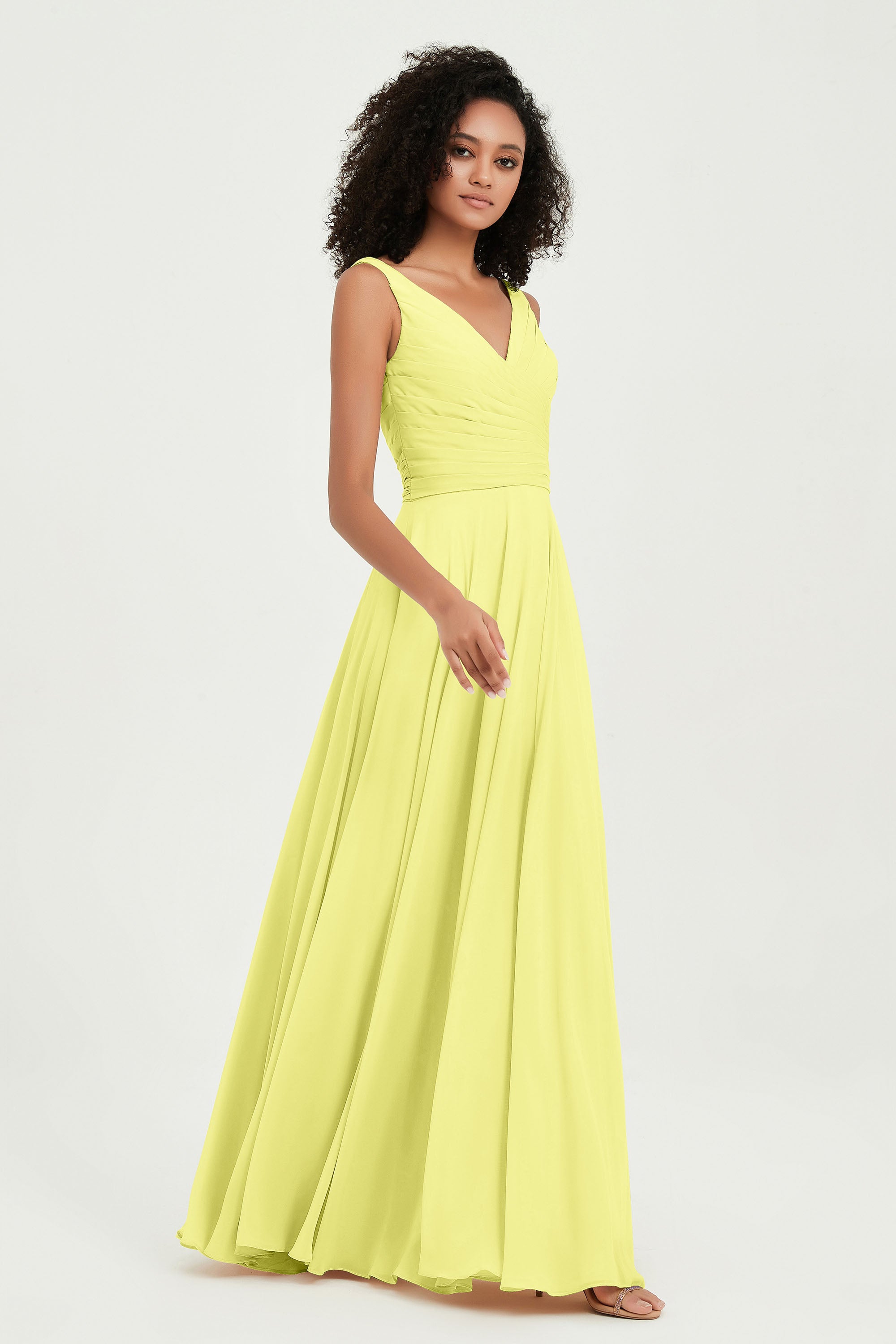 V Neck Chiffon Sleeveless Bridesmaid Dress Pleated Formal Evening Prom Dresses with Bow Sash