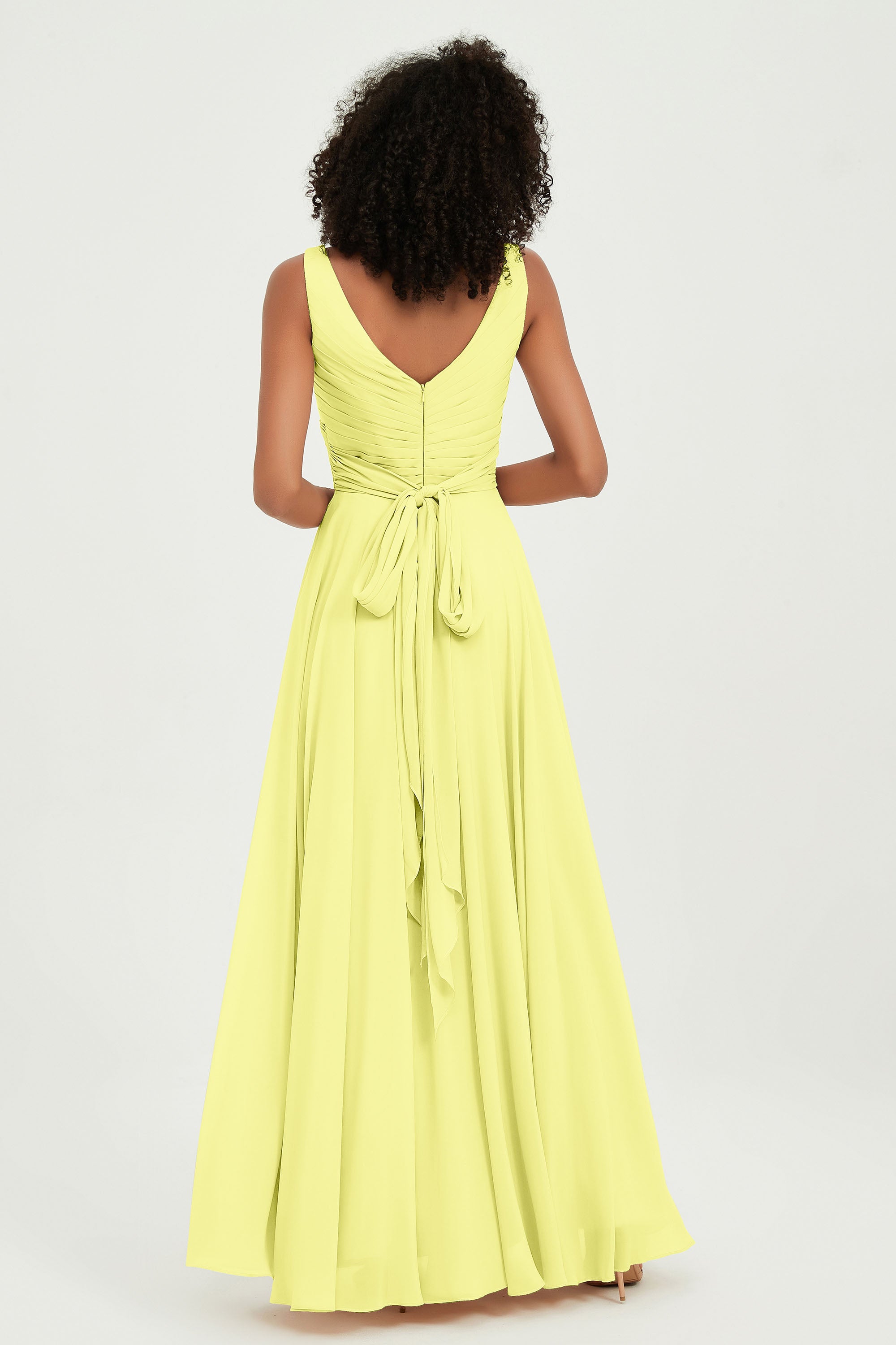 V Neck Chiffon Sleeveless Bridesmaid Dress Pleated Formal Evening Prom Dresses with Bow Sash