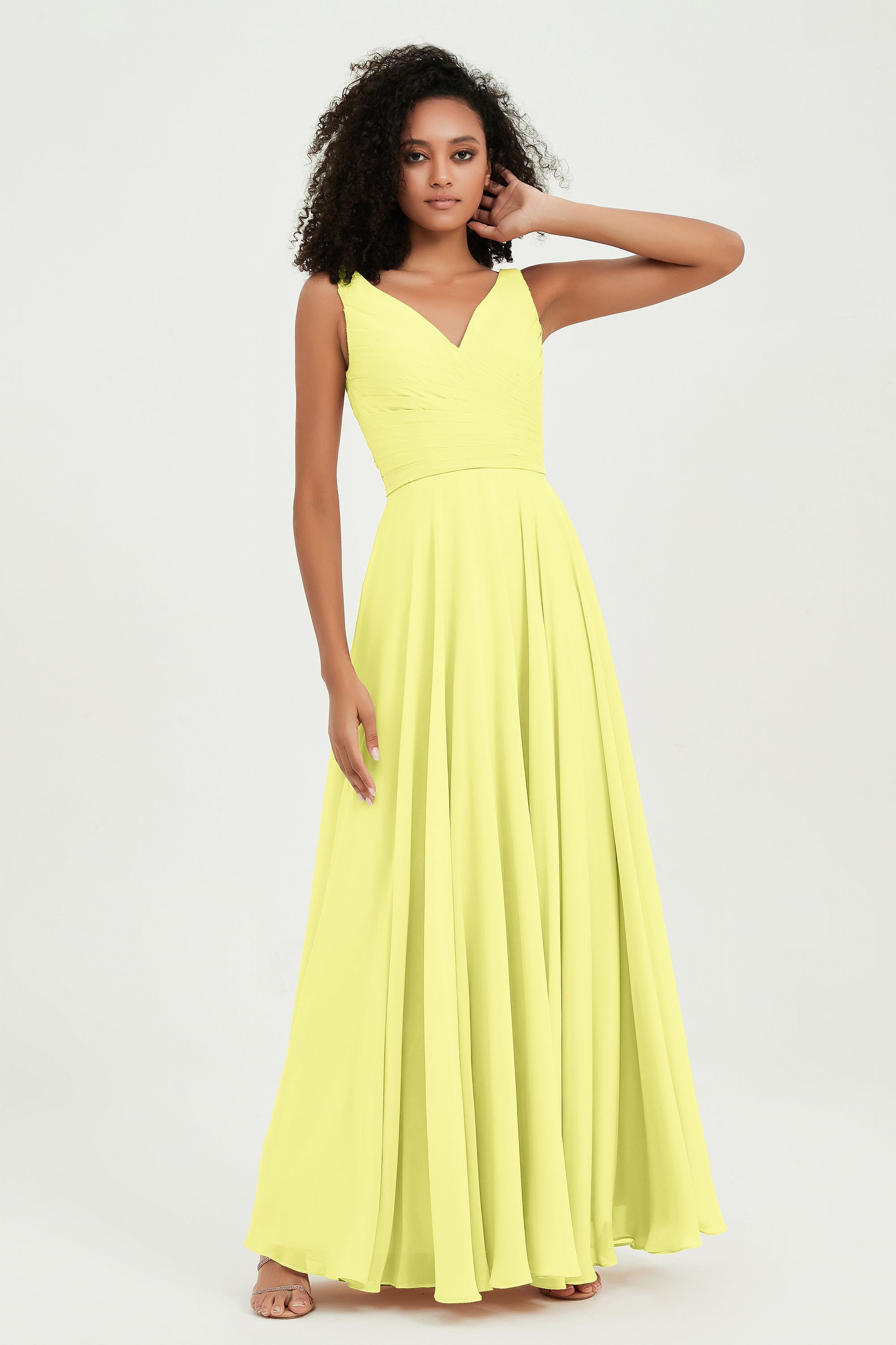 V Neck Chiffon Sleeveless Bridesmaid Dress Pleated Formal Evening Prom Dresses with Bow Sash