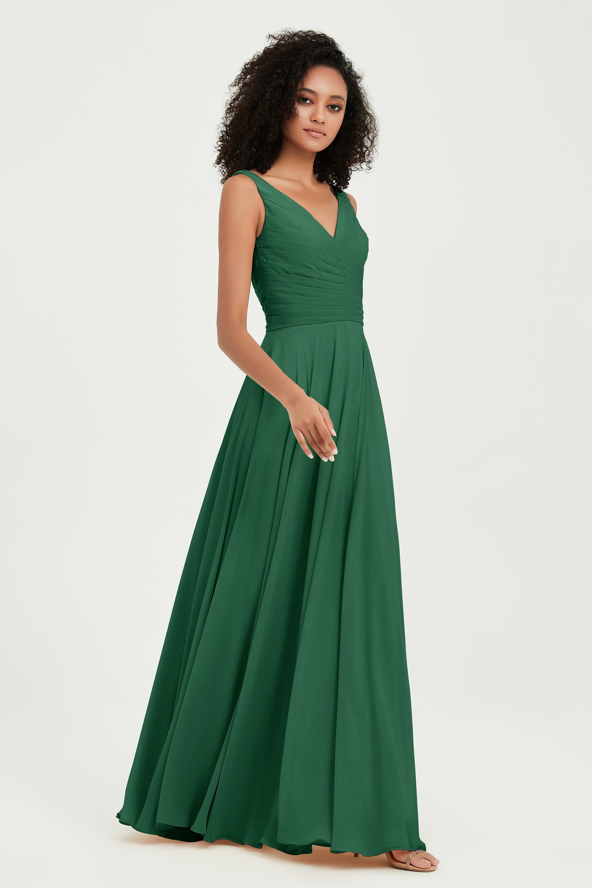 V Neck Chiffon Sleeveless Bridesmaid Dress Pleated Formal Evening Prom Dresses with Bow Sash