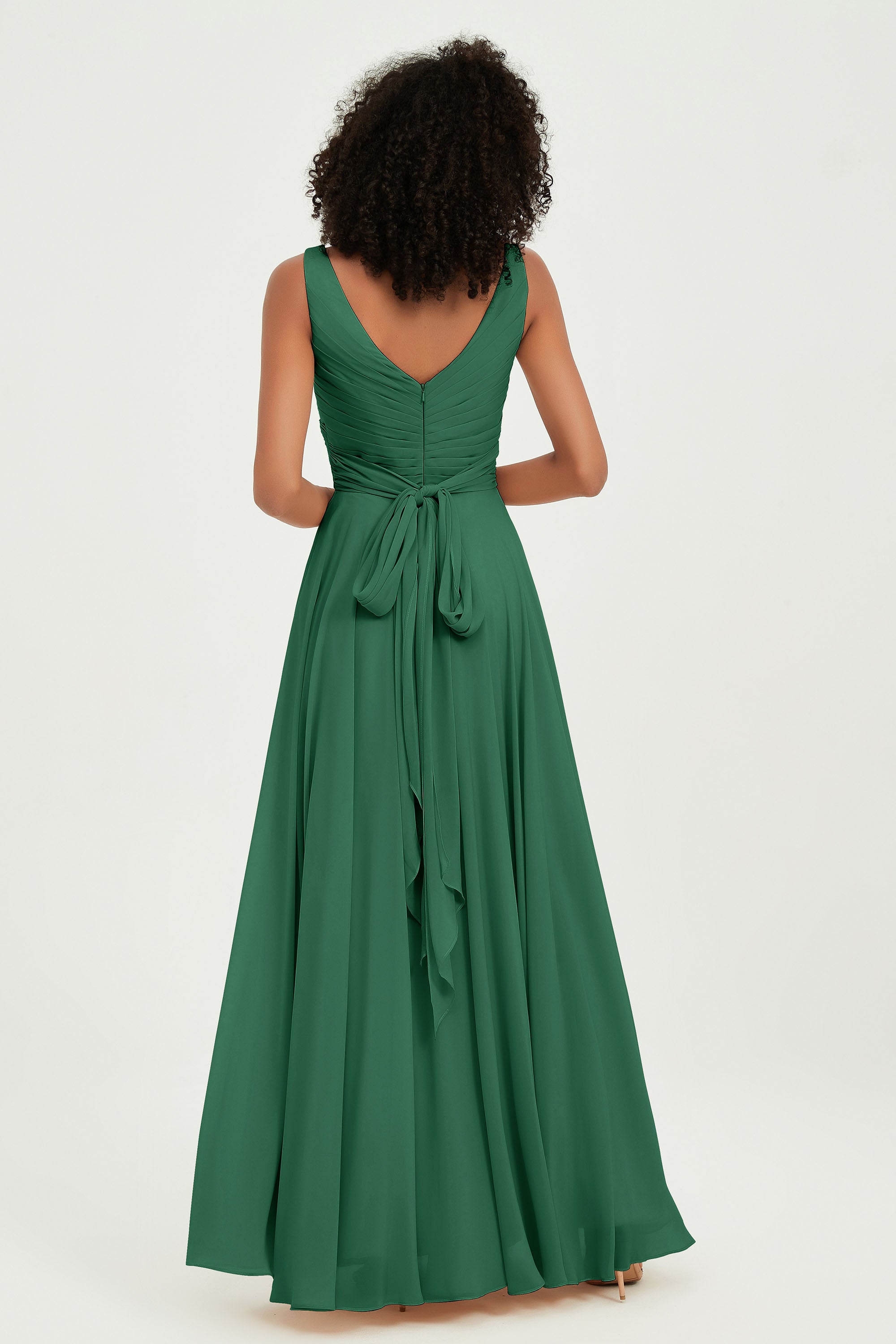 V Neck Chiffon Sleeveless Bridesmaid Dress Pleated Formal Evening Prom Dresses with Bow Sash