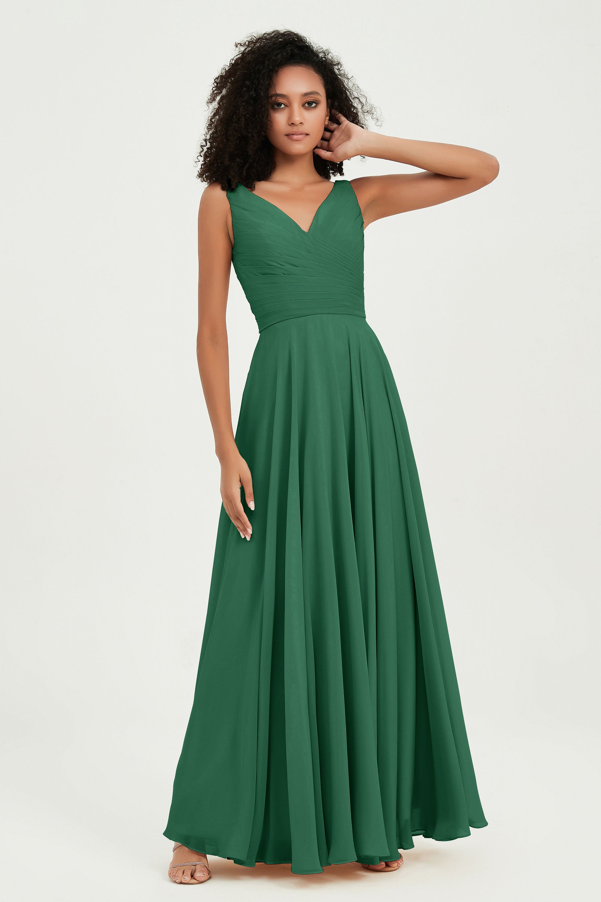 V Neck Chiffon Sleeveless Bridesmaid Dress Pleated Formal Evening Prom Dresses with Bow Sash