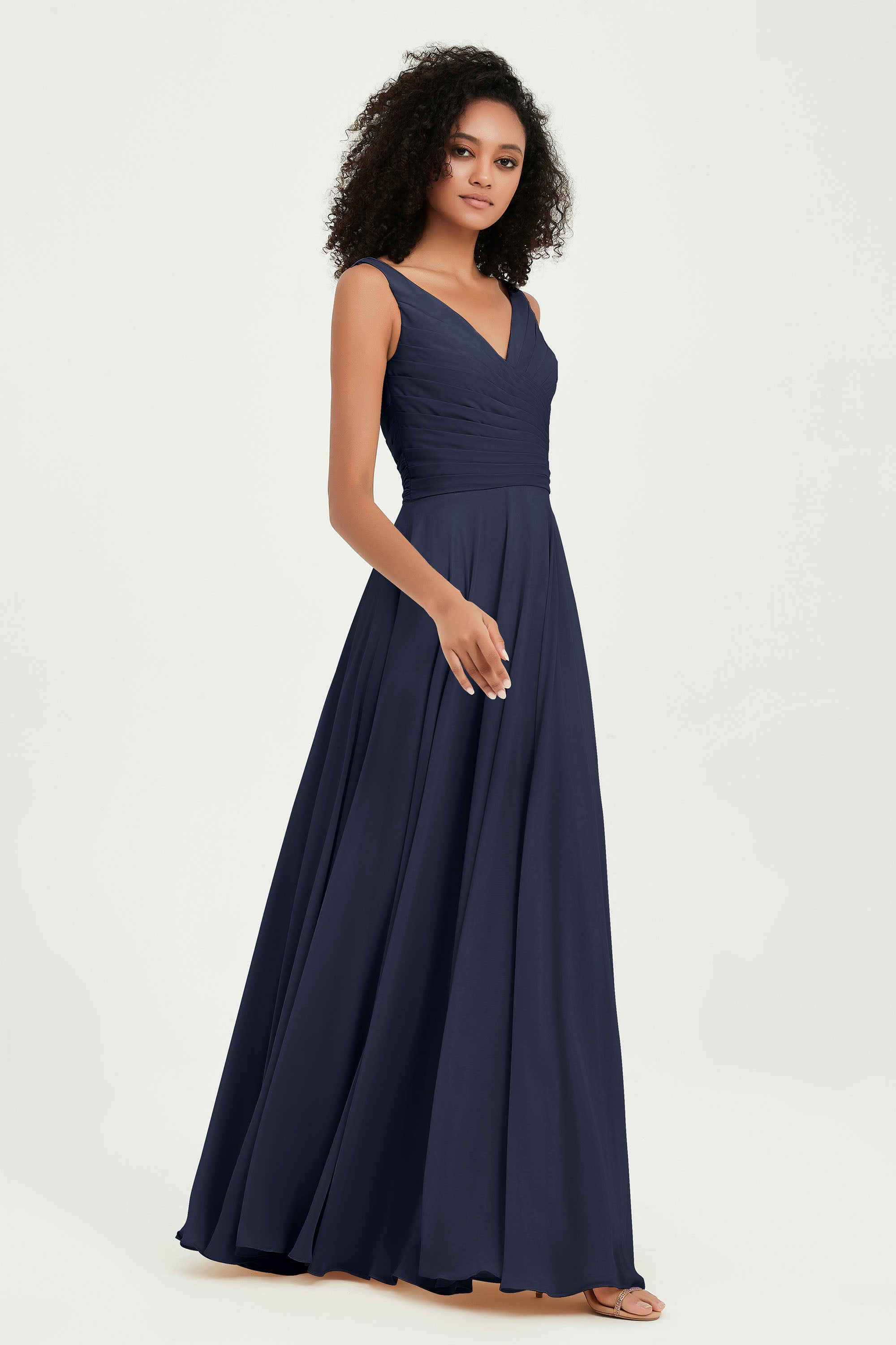 V Neck Chiffon Sleeveless Bridesmaid Dress Pleated Formal Evening Prom Dresses with Bow Sash