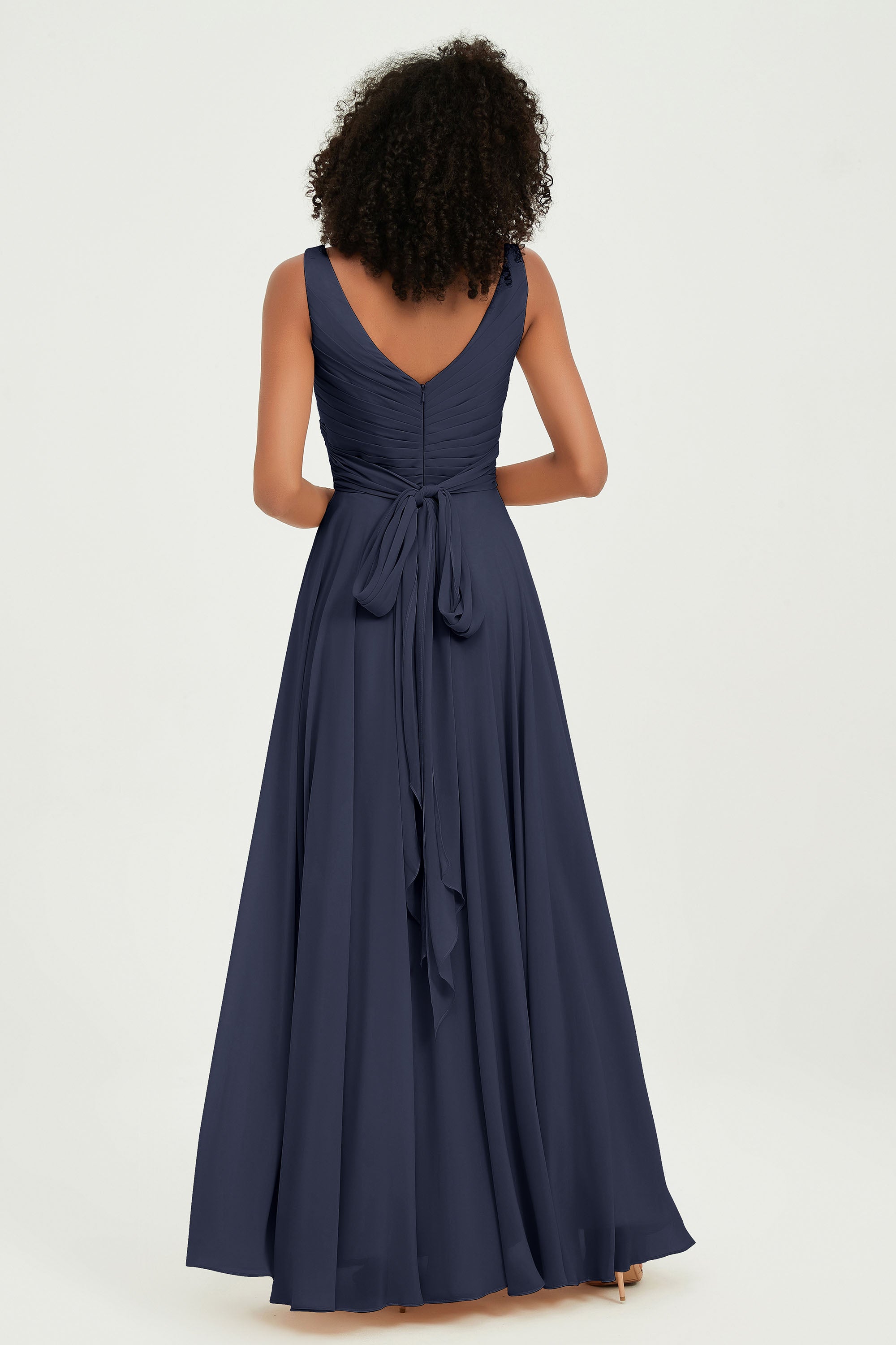 V Neck Chiffon Sleeveless Bridesmaid Dress Pleated Formal Evening Prom Dresses with Bow Sash