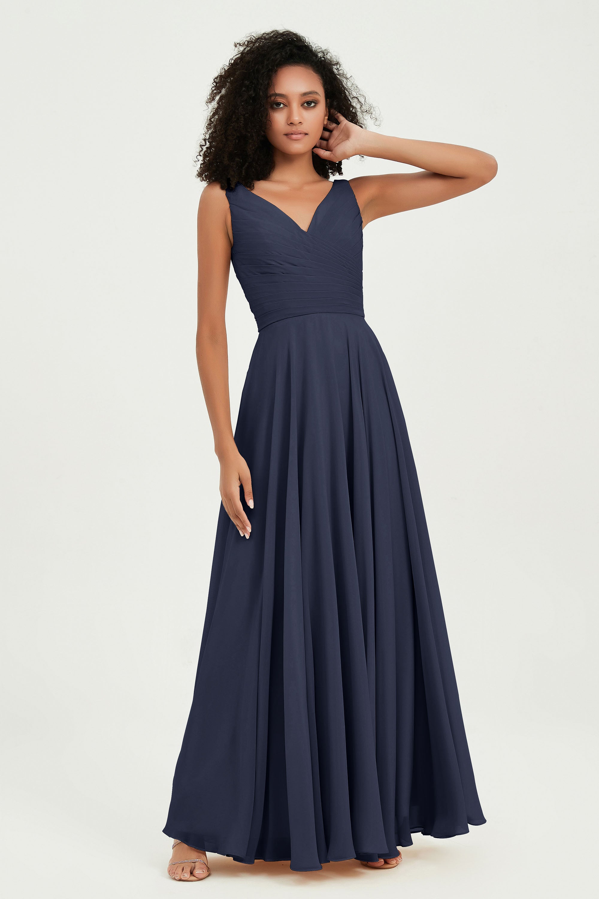 V Neck Chiffon Sleeveless Bridesmaid Dress Pleated Formal Evening Prom Dresses with Bow Sash