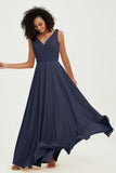 V Neck Chiffon Sleeveless Bridesmaid Dress Pleated Formal Evening Prom Dresses with Bow Sash