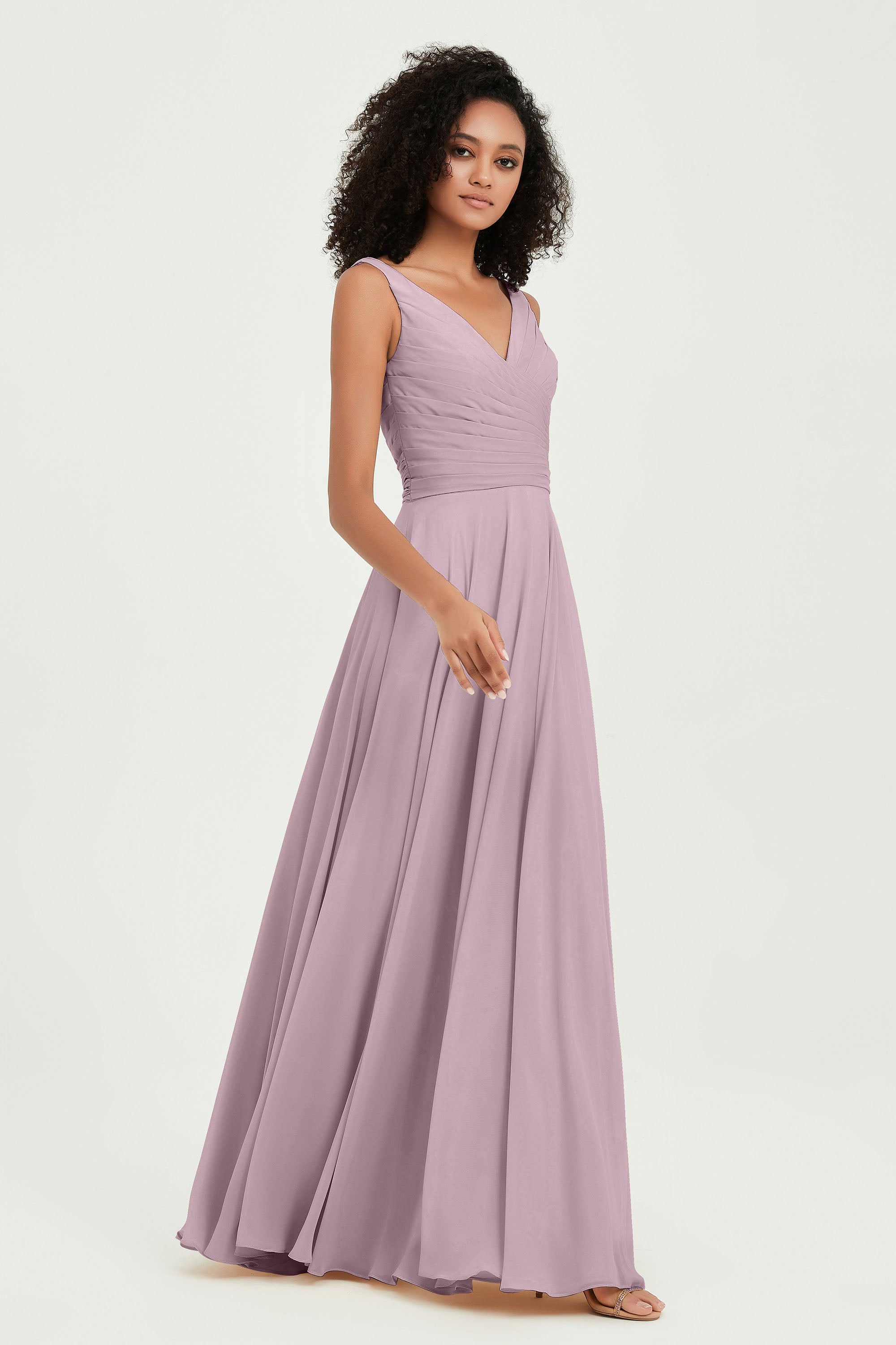 V Neck Chiffon Sleeveless Bridesmaid Dress Pleated Formal Evening Prom Dresses with Bow Sash