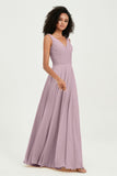 V Neck Chiffon Sleeveless Bridesmaid Dress Pleated Formal Evening Prom Dresses with Bow Sash