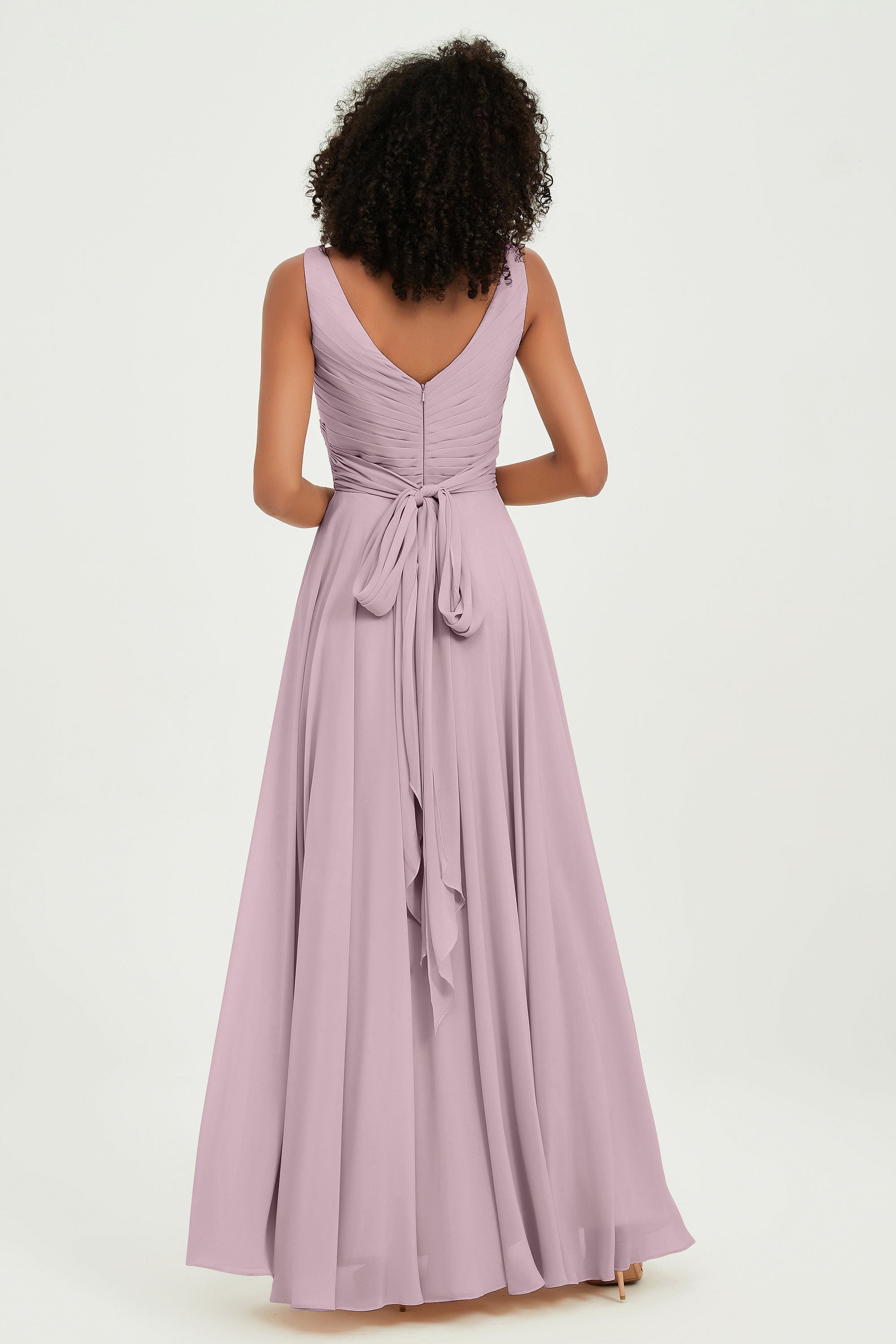 V Neck Chiffon Sleeveless Bridesmaid Dress Pleated Formal Evening Prom Dresses with Bow Sash