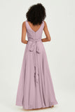 V Neck Chiffon Sleeveless Bridesmaid Dress Pleated Formal Evening Prom Dresses with Bow Sash