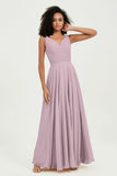 V Neck Chiffon Sleeveless Bridesmaid Dress Pleated Formal Evening Prom Dresses with Bow Sash