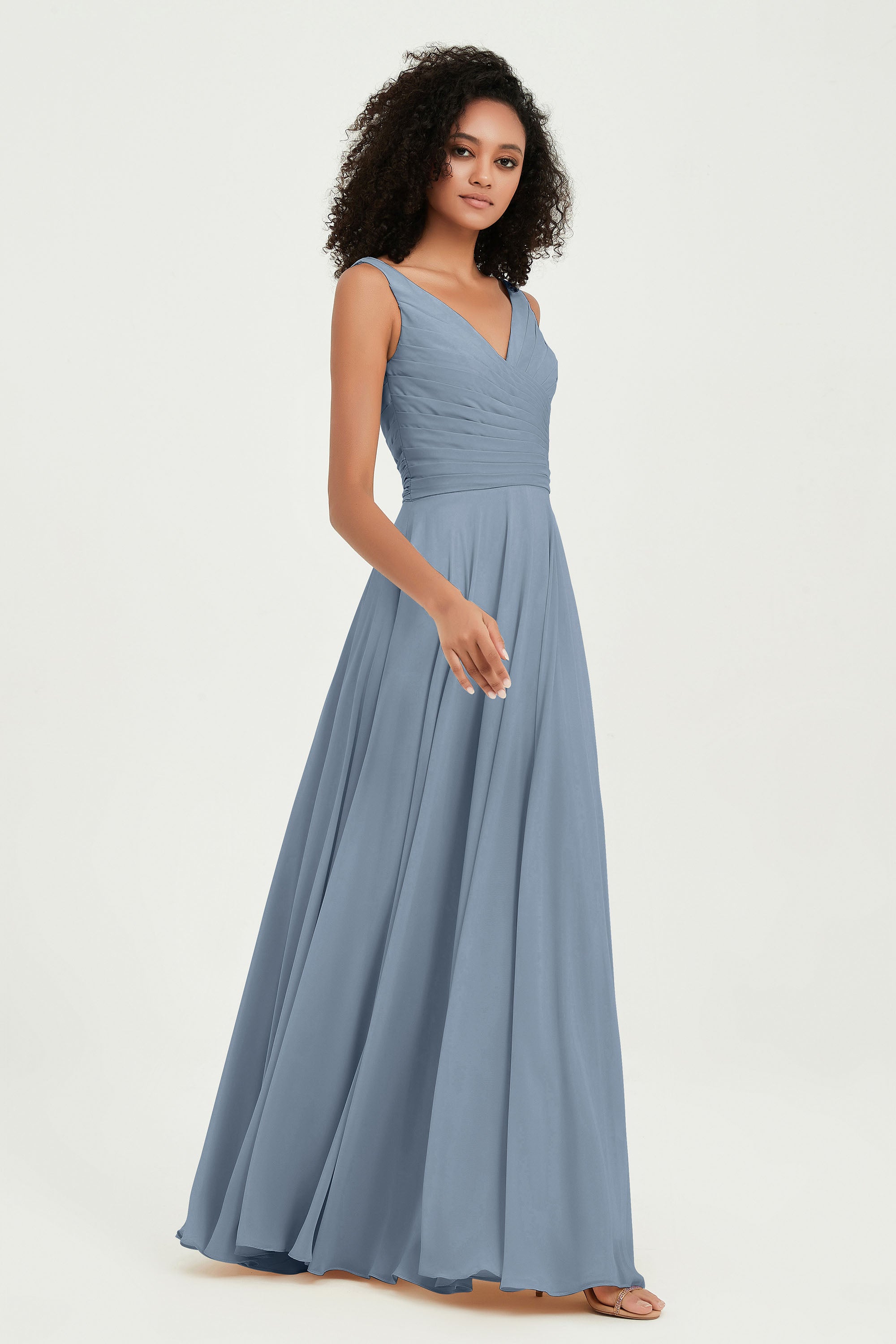 V Neck Chiffon Sleeveless Bridesmaid Dress Pleated Formal Evening Prom Dresses with Bow Sash