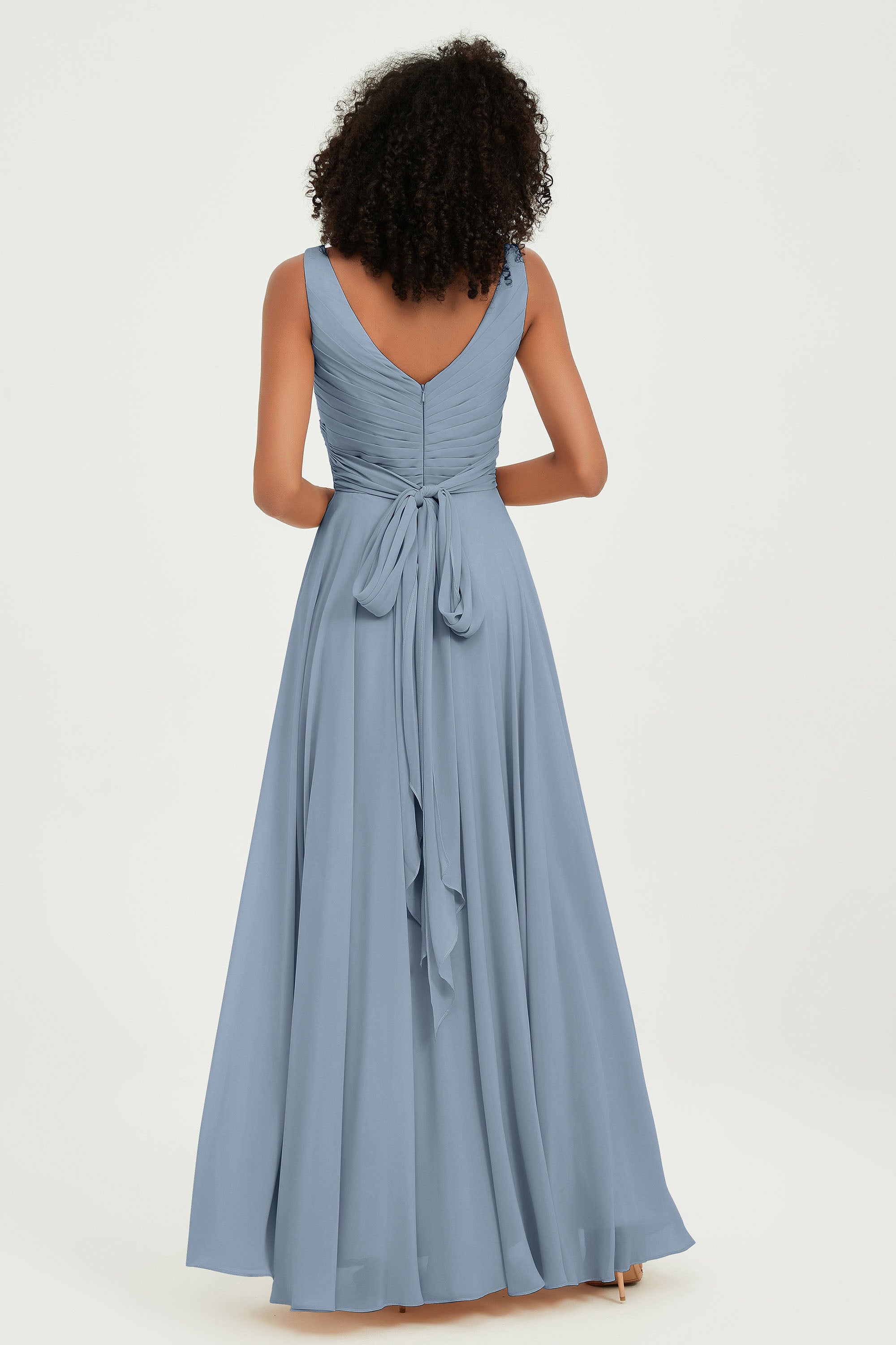 V Neck Chiffon Sleeveless Bridesmaid Dress Pleated Formal Evening Prom Dresses with Bow Sash