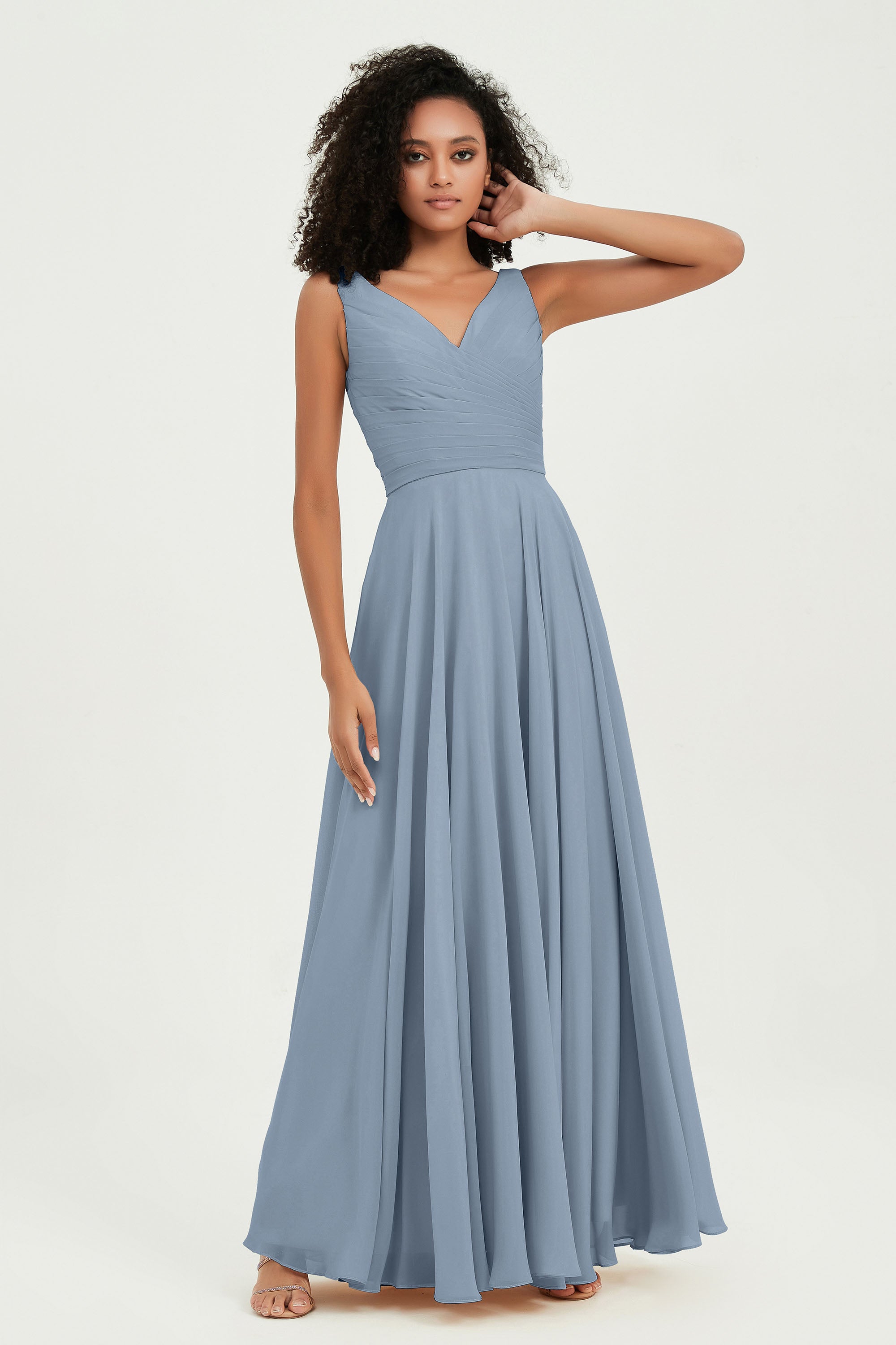 V Neck Chiffon Sleeveless Bridesmaid Dress Pleated Formal Evening Prom Dresses with Bow Sash