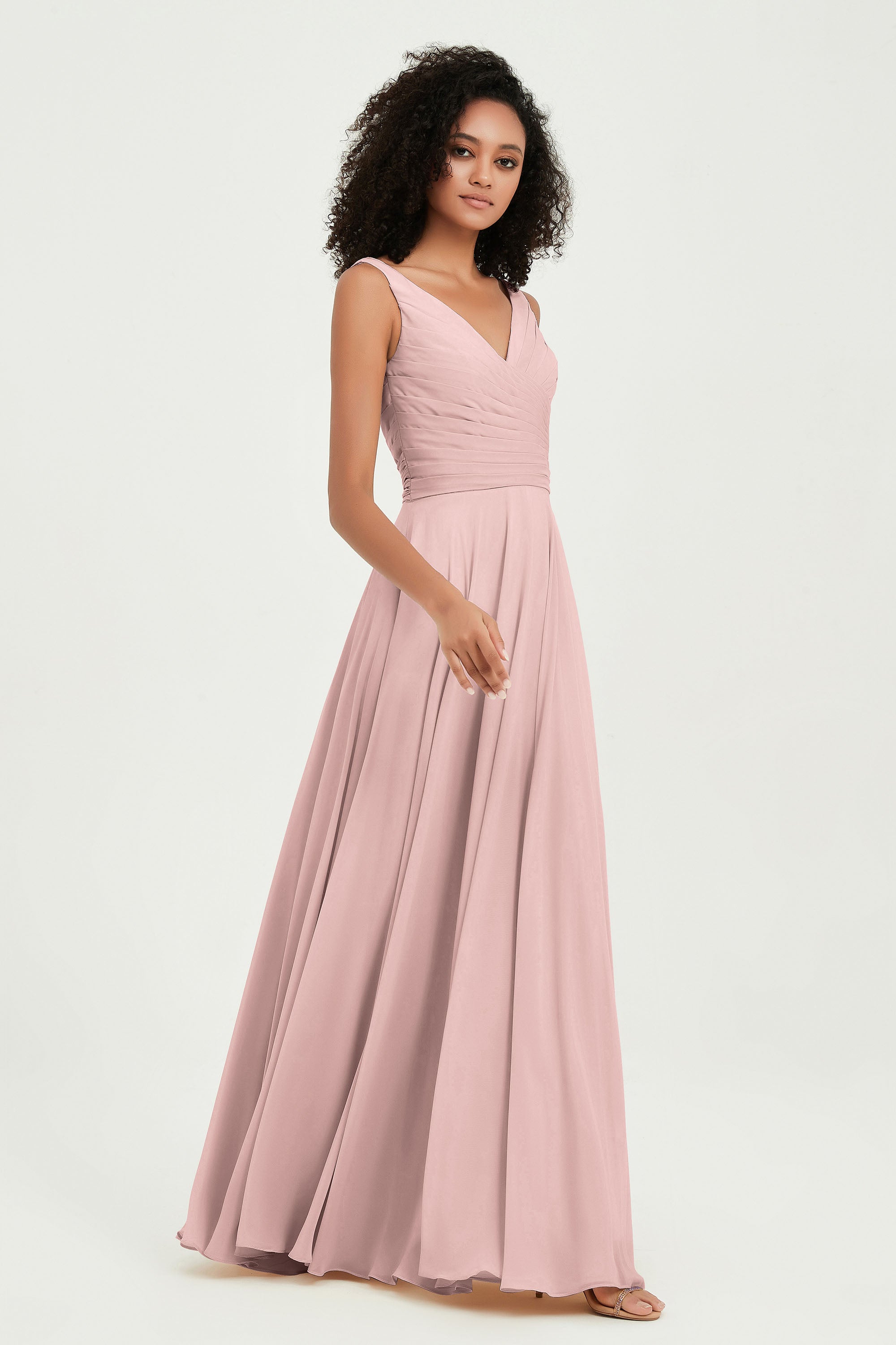 V Neck Chiffon Sleeveless Bridesmaid Dress Pleated Formal Evening Prom Dresses with Bow Sash