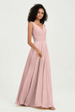 V Neck Chiffon Sleeveless Bridesmaid Dress Pleated Formal Evening Prom Dresses with Bow Sash