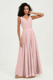 V Neck Chiffon Sleeveless Bridesmaid Dress Pleated Formal Evening Prom Dresses with Bow Sash
