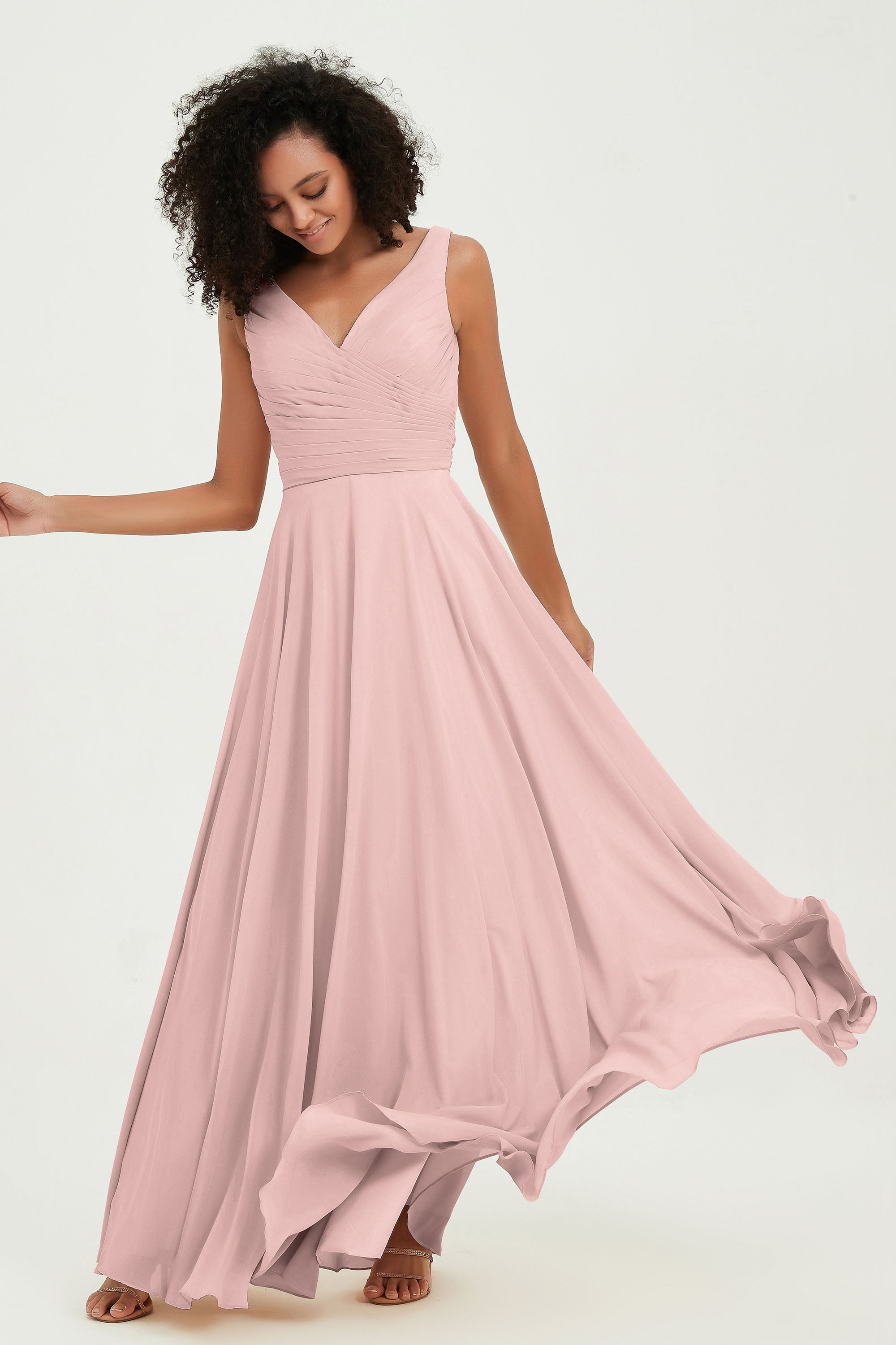 V Neck Chiffon Sleeveless Bridesmaid Dress Pleated Formal Evening Prom Dresses with Bow Sash
