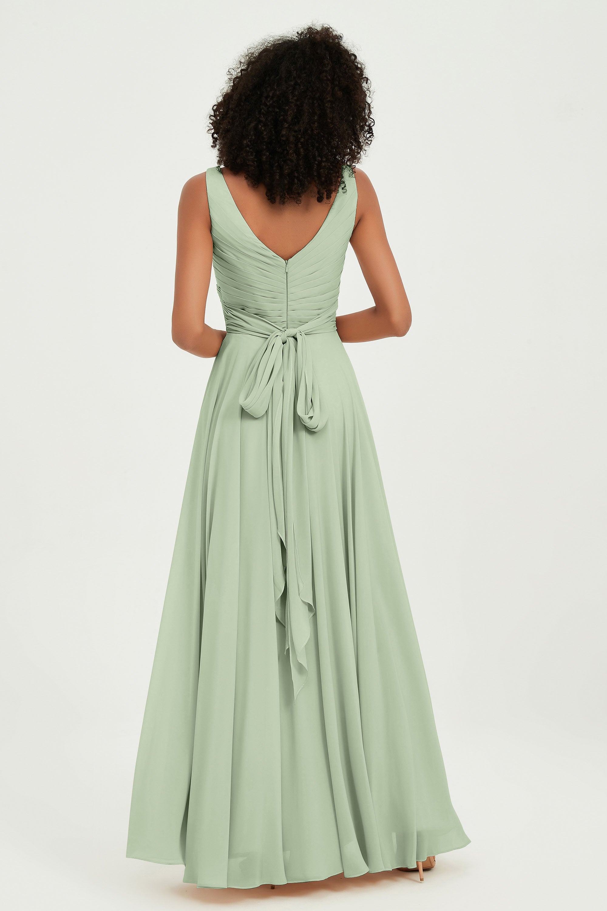 V Neck Chiffon Sleeveless Bridesmaid Dress Pleated Formal Evening Prom Dresses with Bow Sash