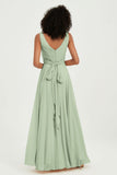 V Neck Chiffon Sleeveless Bridesmaid Dress Pleated Formal Evening Prom Dresses with Bow Sash