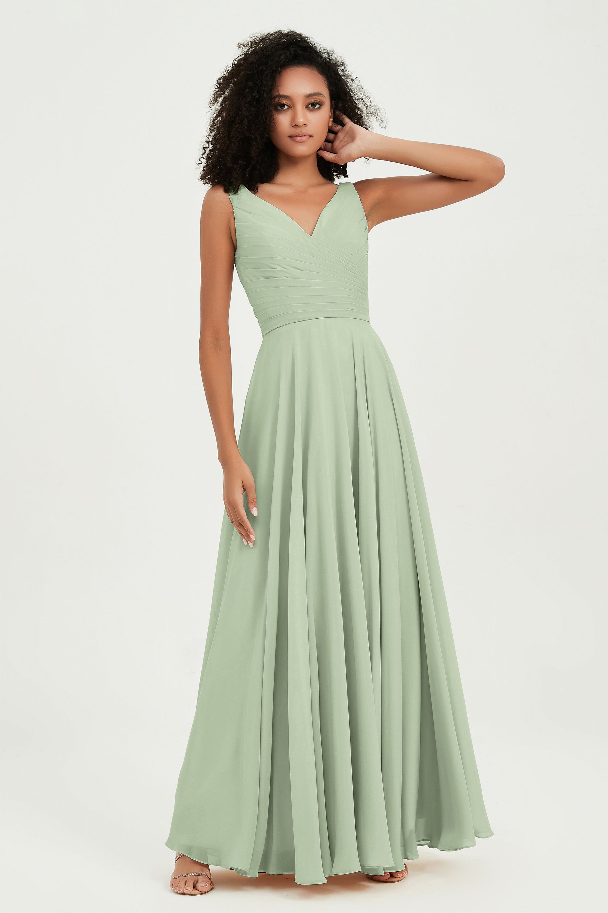V Neck Chiffon Sleeveless Bridesmaid Dress Pleated Formal Evening Prom Dresses with Bow Sash
