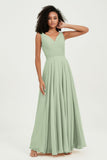 V Neck Chiffon Sleeveless Bridesmaid Dress Pleated Formal Evening Prom Dresses with Bow Sash