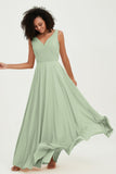 V Neck Chiffon Sleeveless Bridesmaid Dress Pleated Formal Evening Prom Dresses with Bow Sash