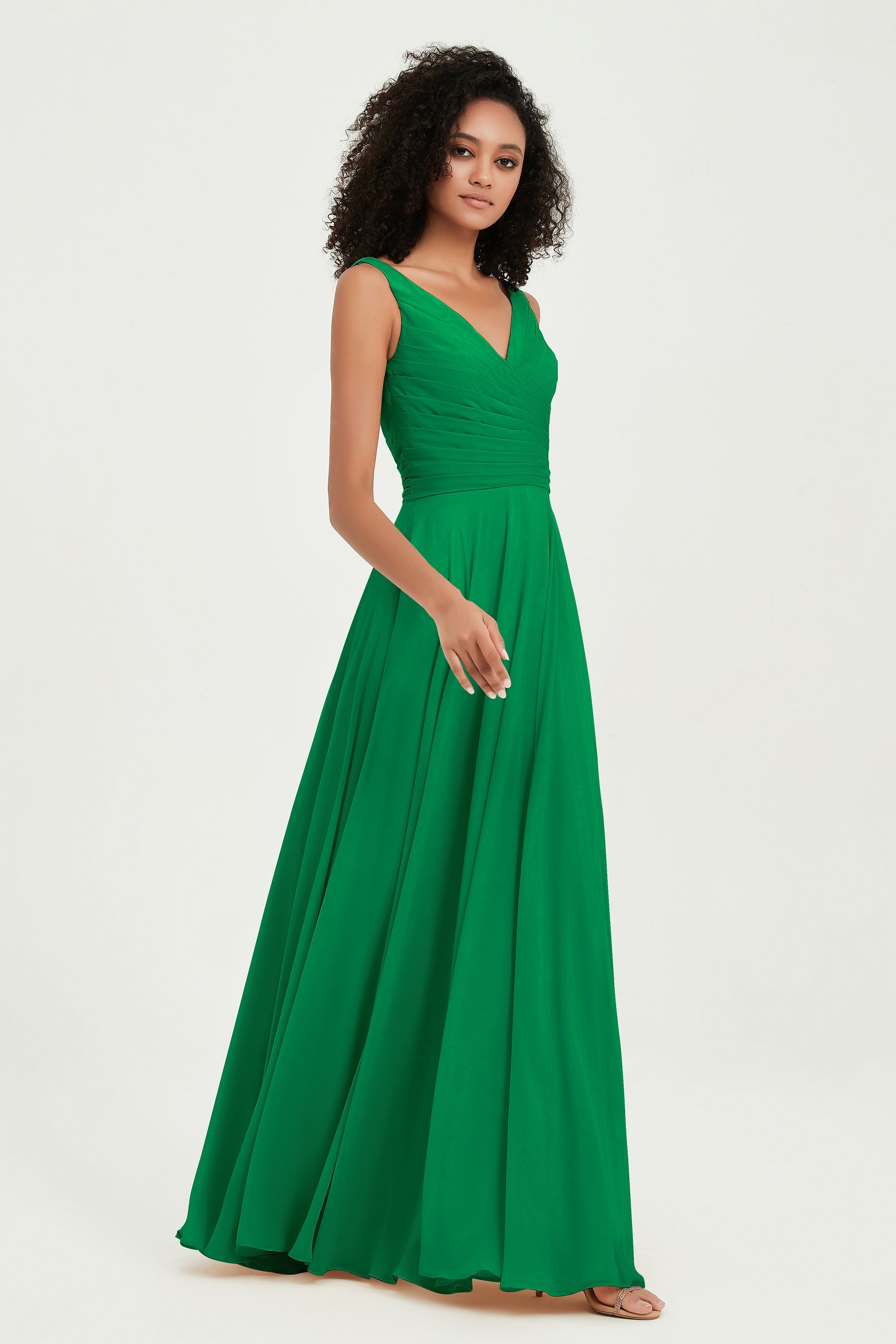 V Neck Chiffon Sleeveless Bridesmaid Dress Pleated Formal Evening Prom Dresses with Bow Sash