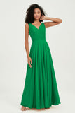 V Neck Chiffon Sleeveless Bridesmaid Dress Pleated Formal Evening Prom Dresses with Bow Sash