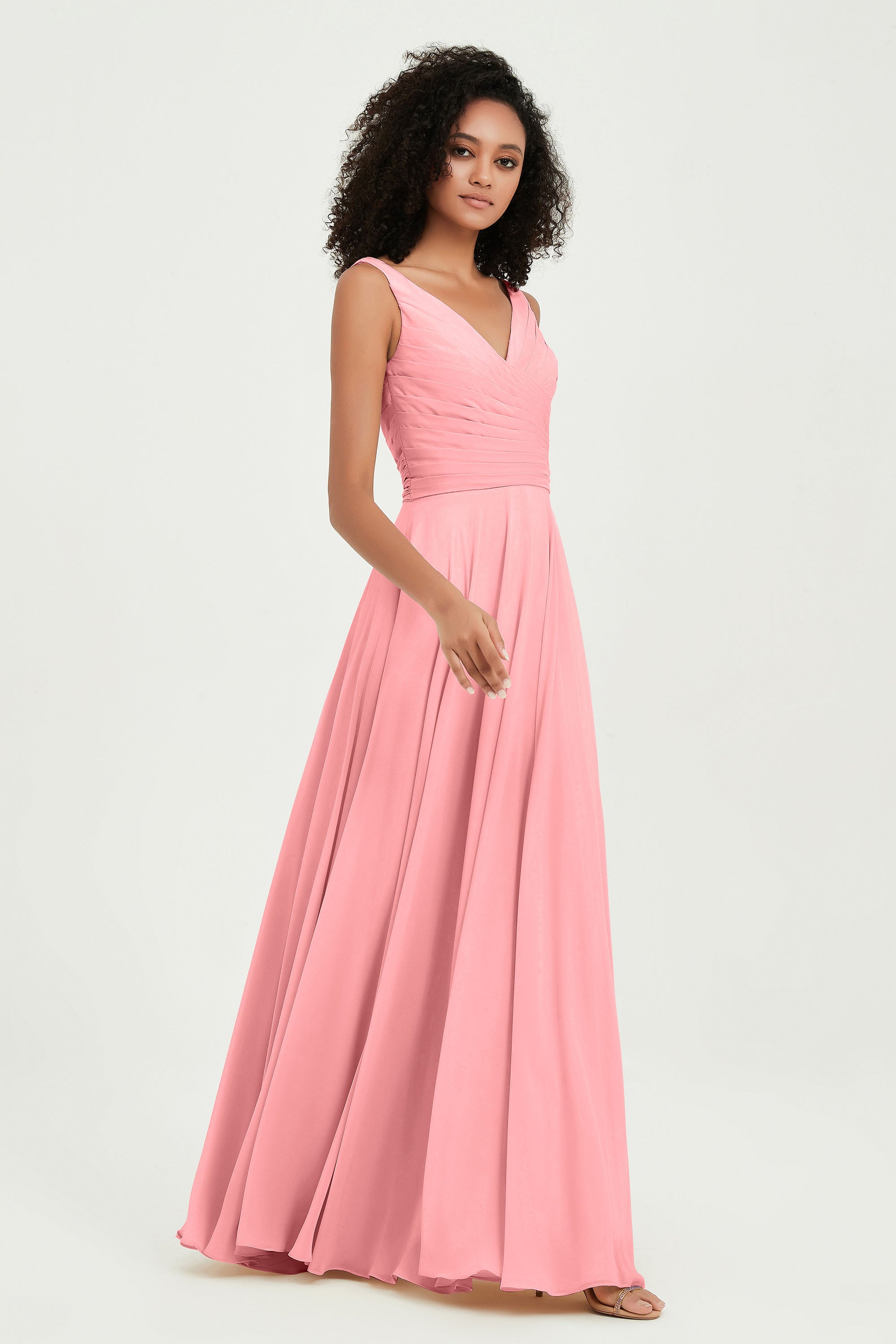 V Neck Chiffon Sleeveless Bridesmaid Dress Pleated Formal Evening Prom Dresses with Bow Sash