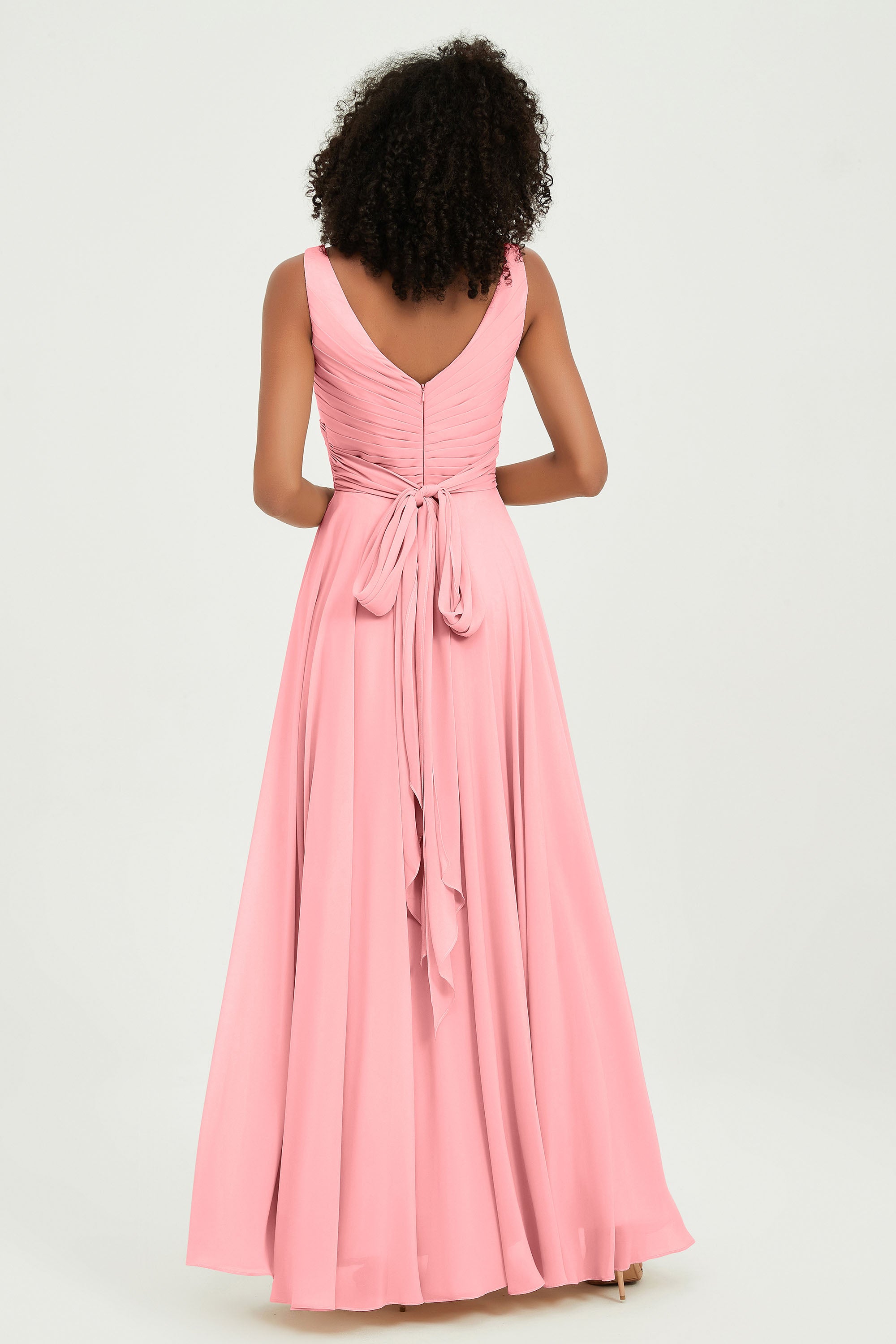 V Neck Chiffon Sleeveless Bridesmaid Dress Pleated Formal Evening Prom Dresses with Bow Sash