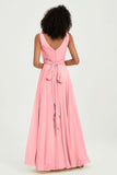 V Neck Chiffon Sleeveless Bridesmaid Dress Pleated Formal Evening Prom Dresses with Bow Sash