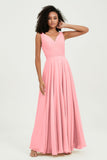V Neck Chiffon Sleeveless Bridesmaid Dress Pleated Formal Evening Prom Dresses with Bow Sash