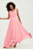 V Neck Chiffon Sleeveless Bridesmaid Dress Pleated Formal Evening Prom Dresses with Bow Sash