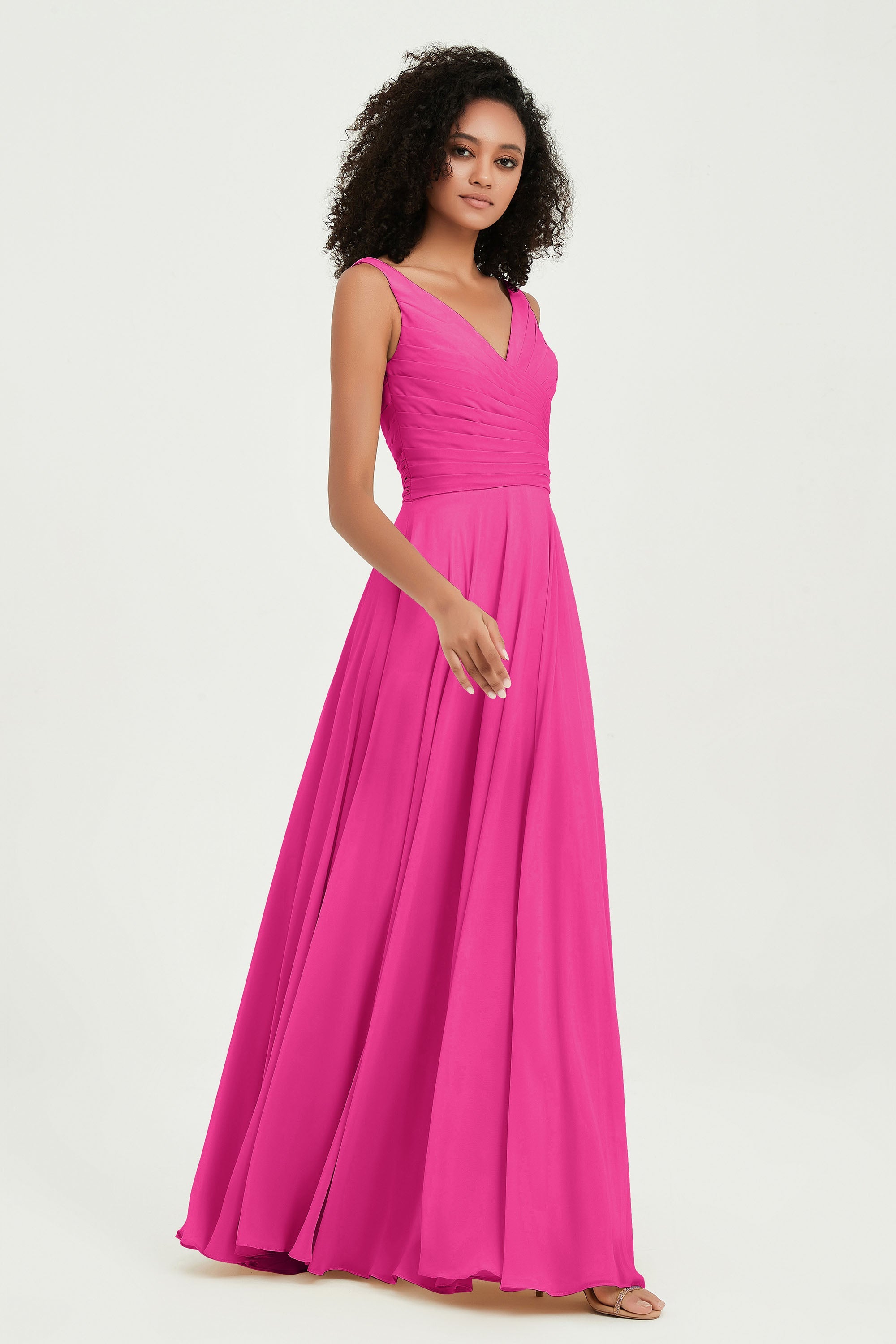 V Neck Chiffon Sleeveless Bridesmaid Dress Pleated Formal Evening Prom Dresses with Bow Sash