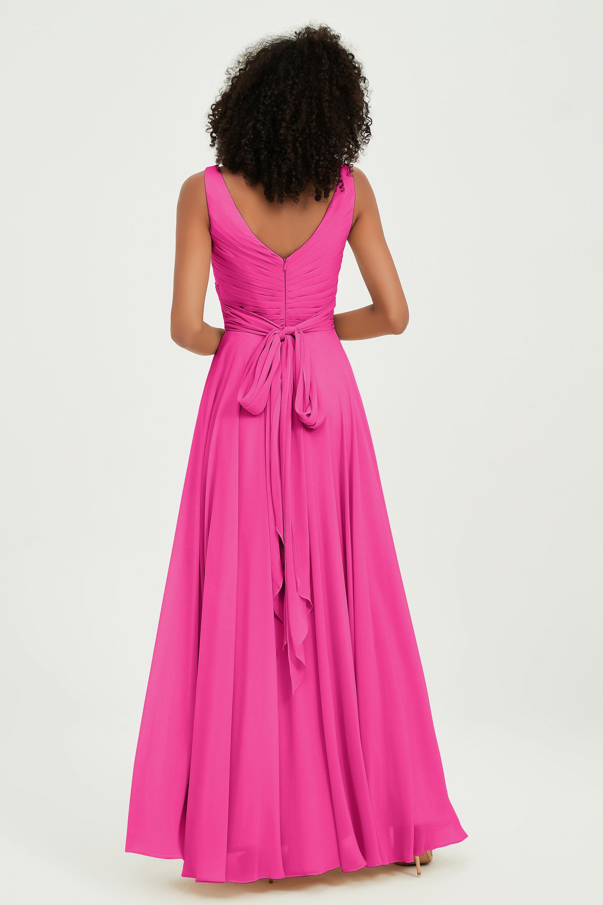 V Neck Chiffon Sleeveless Bridesmaid Dress Pleated Formal Evening Prom Dresses with Bow Sash