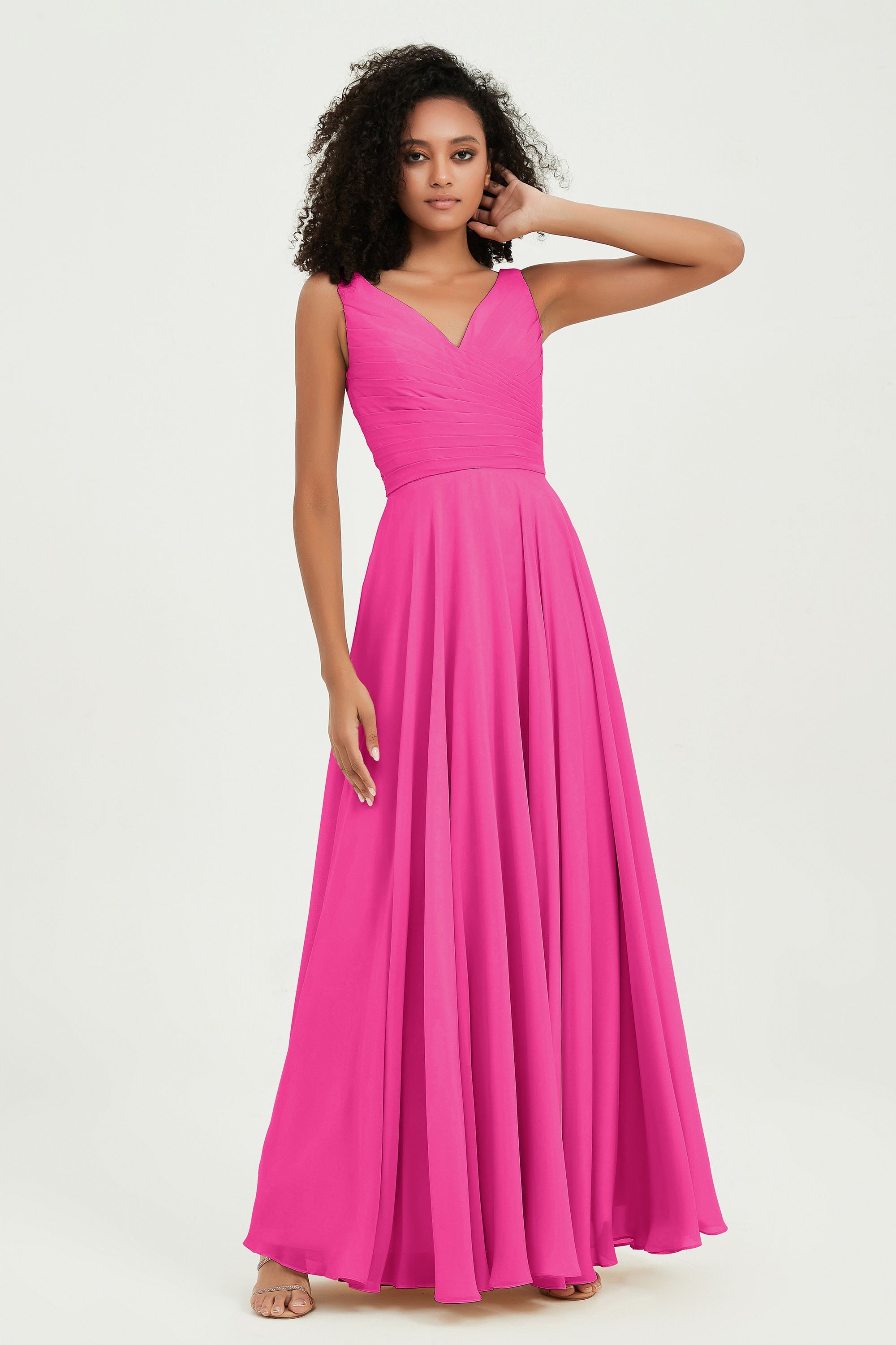 V Neck Chiffon Sleeveless Bridesmaid Dress Pleated Formal Evening Prom Dresses with Bow Sash