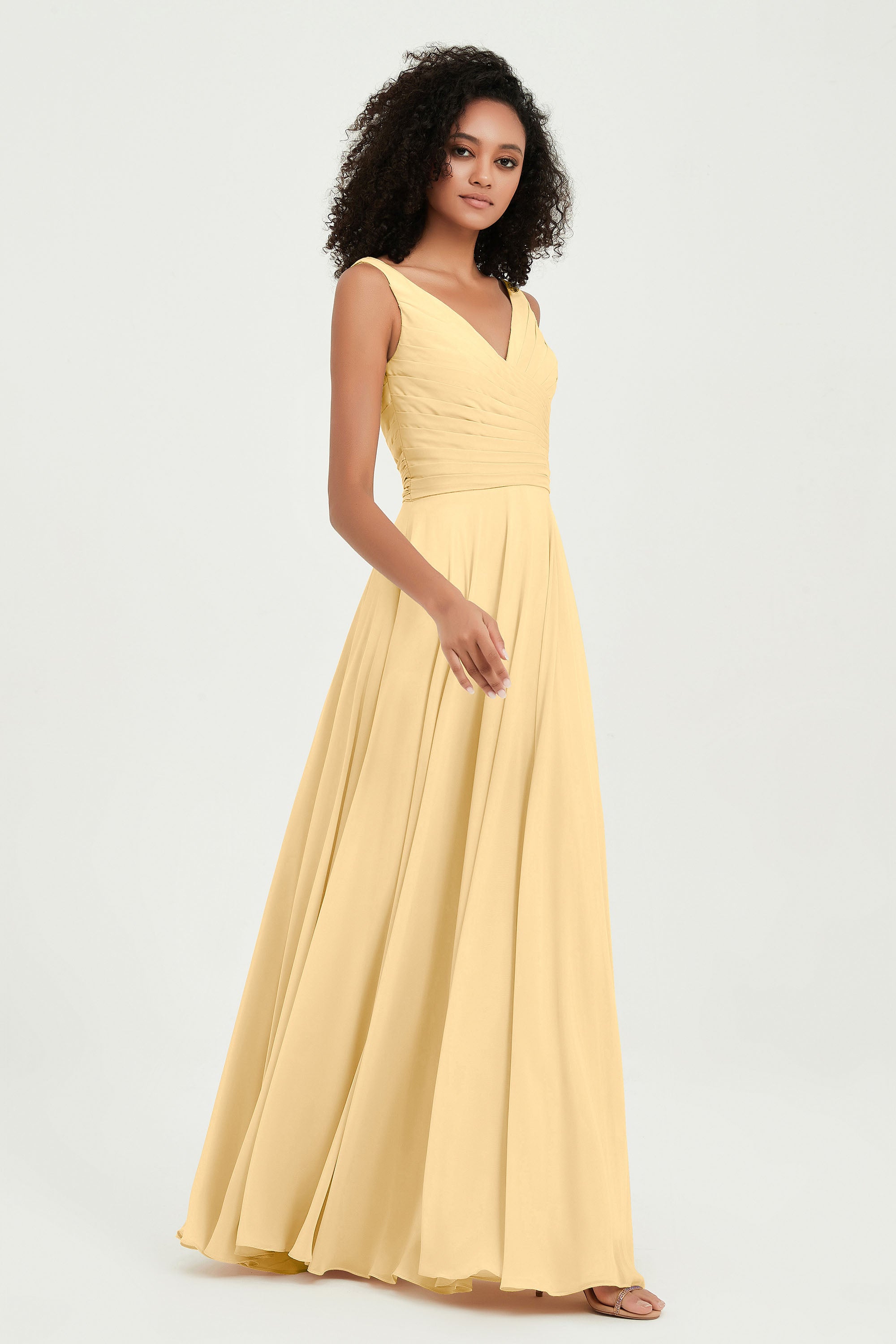 V Neck Chiffon Sleeveless Bridesmaid Dress Pleated Formal Evening Prom Dresses with Bow Sash