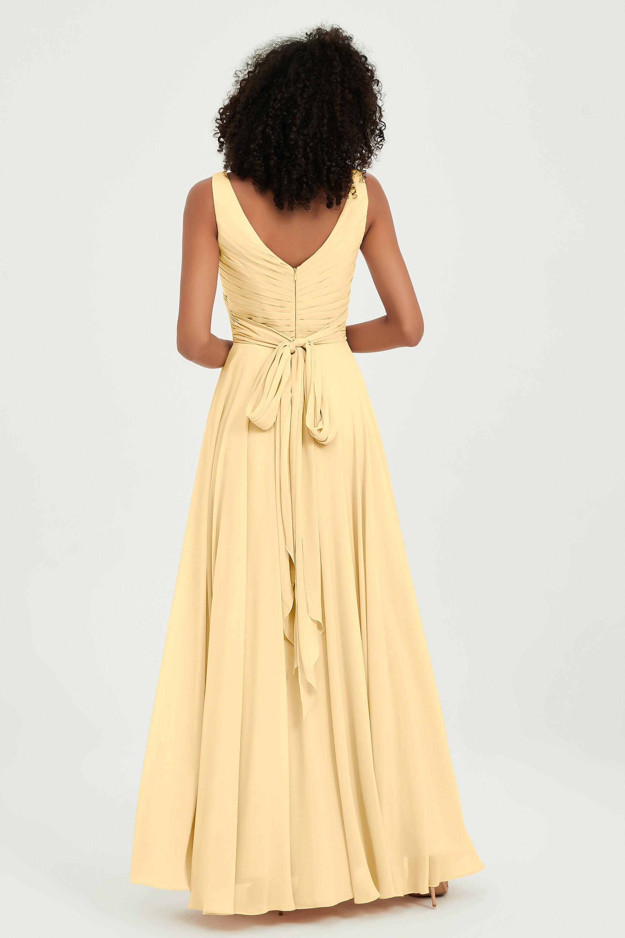 V Neck Chiffon Sleeveless Bridesmaid Dress Pleated Formal Evening Prom Dresses with Bow Sash