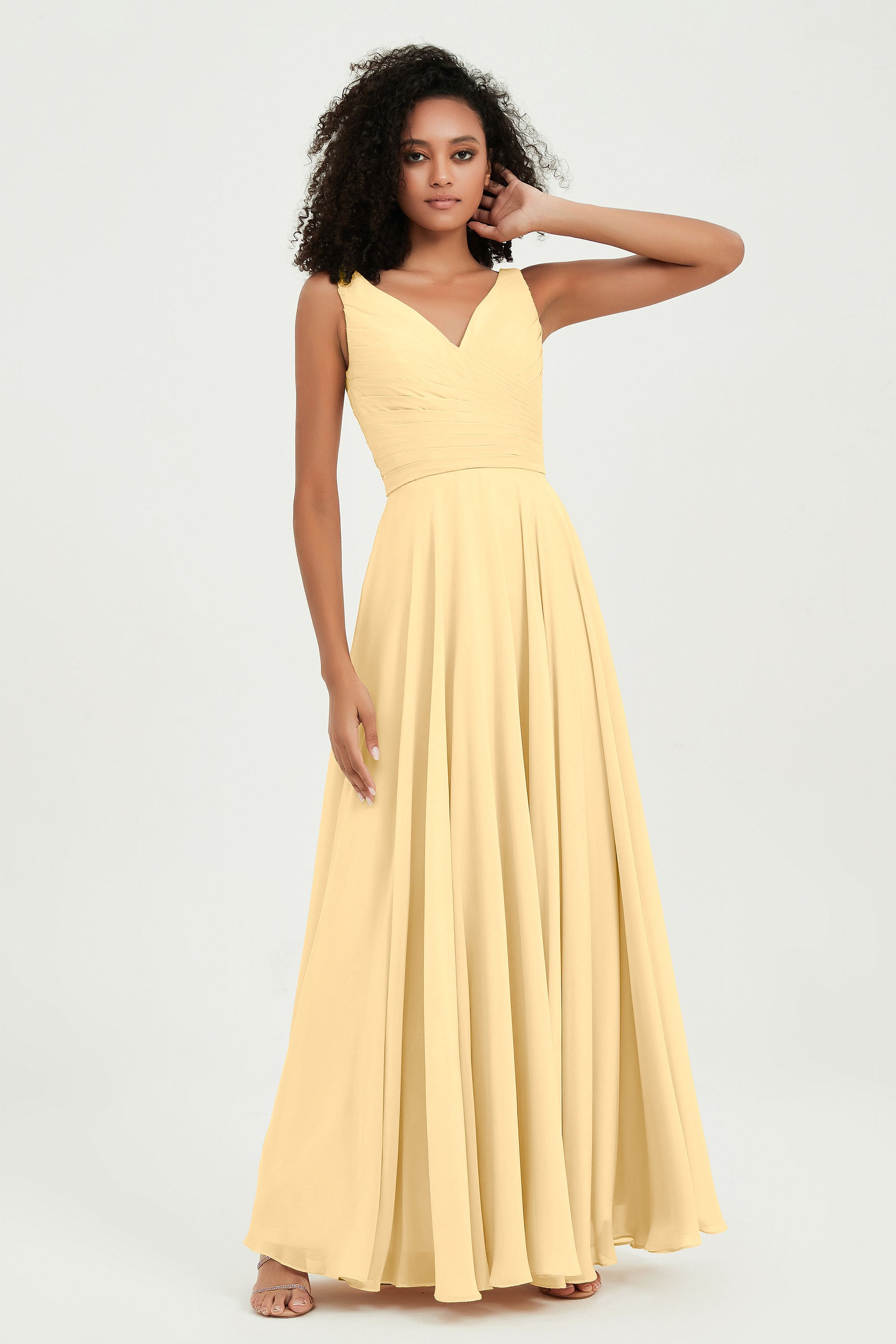 V Neck Chiffon Sleeveless Bridesmaid Dress Pleated Formal Evening Prom Dresses with Bow Sash