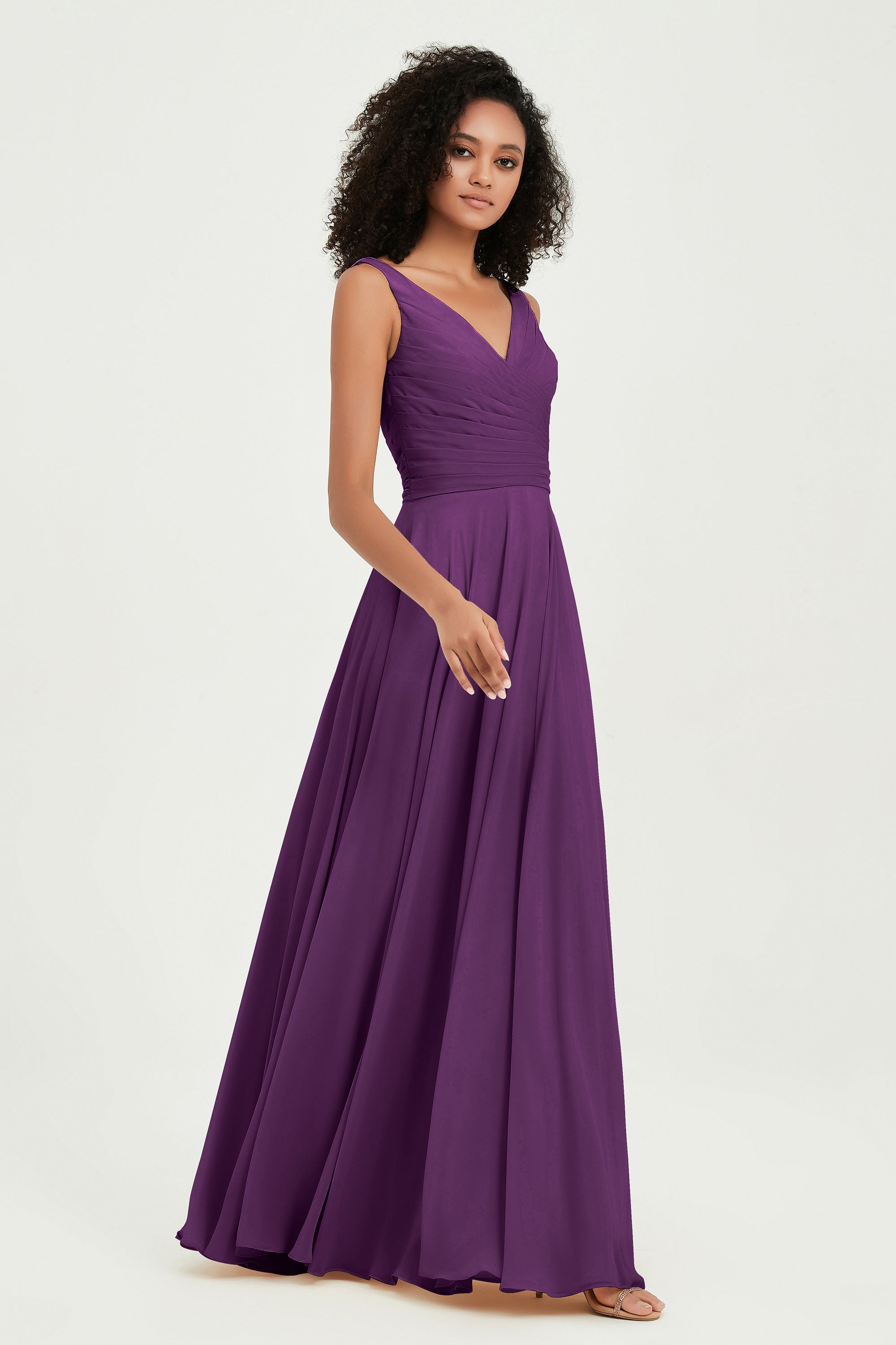 V Neck Chiffon Sleeveless Bridesmaid Dress Pleated Formal Evening Prom Dresses with Bow Sash