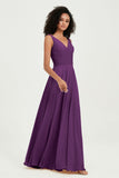 V Neck Chiffon Sleeveless Bridesmaid Dress Pleated Formal Evening Prom Dresses with Bow Sash