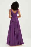 V Neck Chiffon Sleeveless Bridesmaid Dress Pleated Formal Evening Prom Dresses with Bow Sash