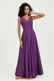 V Neck Chiffon Sleeveless Bridesmaid Dress Pleated Formal Evening Prom Dresses with Bow Sash