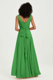 V Neck Chiffon Sleeveless Bridesmaid Dress Pleated Formal Evening Prom Dresses with Bow Sash