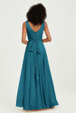 V Neck Chiffon Sleeveless Bridesmaid Dress Pleated Formal Evening Prom Dresses with Bow Sash